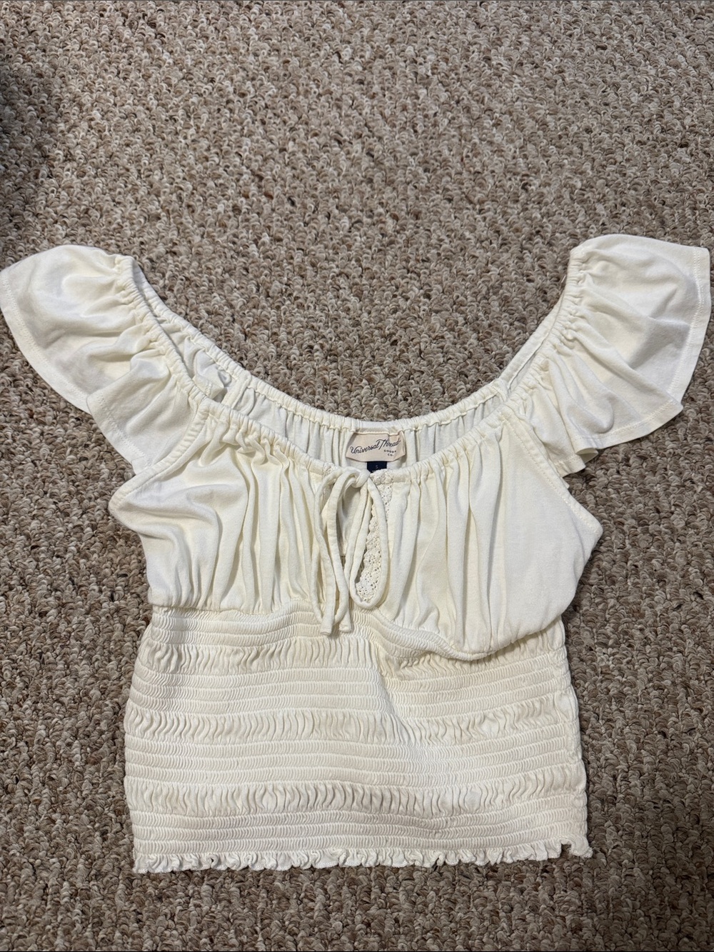 Universal Thread Cream Smocked Crop Top with Ruffle Sleeves